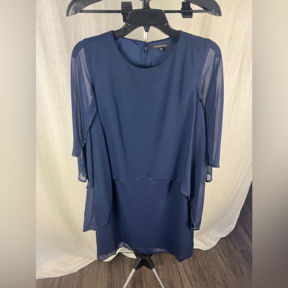 Marina 3/4 Sheer Flare Sleeve Navy Blue Chiffon Dress Size 4 (Small) NWT - Picture 5 of 14